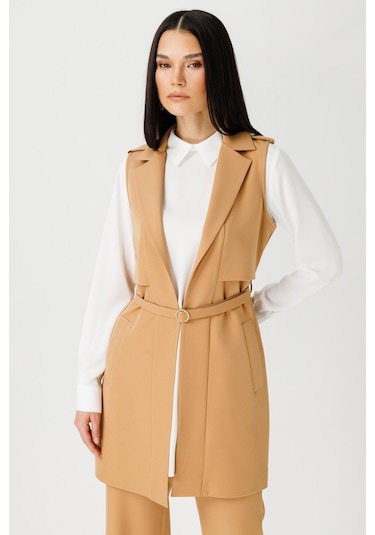 Aller Detaylı İnce Kemerli Yelek Pantolon Tunik Camel-camel Camel