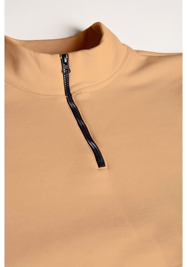 Erkek Bej Yarım Fermuarlı Basic Düz Sweatshirt Bej