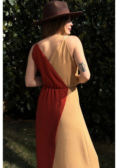 Kadın Kiremit & Bej Color Block Kruvaze, Hasır Askı Detaylı, Yırtmaçlı, Uzun Airobin Elbise Kiremit