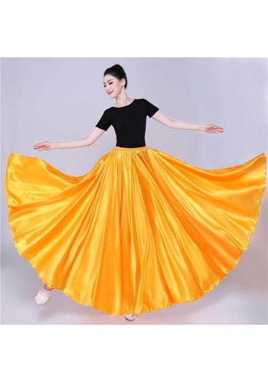 Sarı 360 Derece Saten Etek Oryantal Dans Kadın Çingene Uzun Etekler Dansçı Uygulama Giyim Çeşitli Katı Mor Altın Dans Eteği Sarı