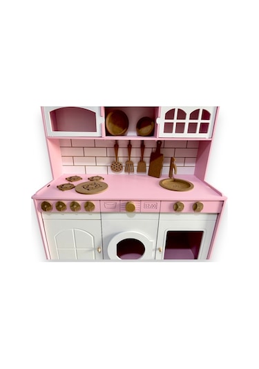 Ahşap Büyük Boy Pembe-beyaz Montessori Mutfak Oyuncak Set