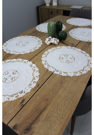 2' Li Amerikan Servis Supla Dantel İşlemesi Görünümlü 40 Cm Yuvarlak Beyaz