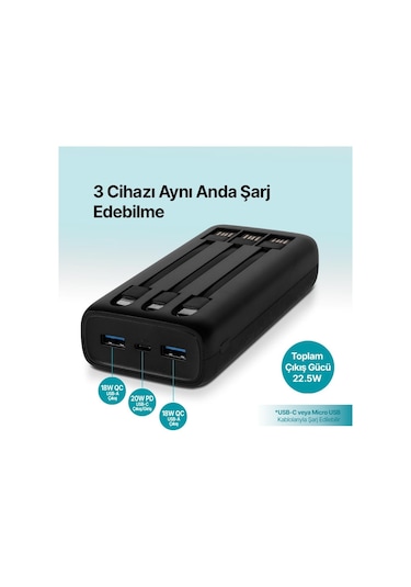 Ttec Powerslim Trio LCD 20.000 MAh PD 22.5 W Dahili Kablolu Taşınabilir Powerbank