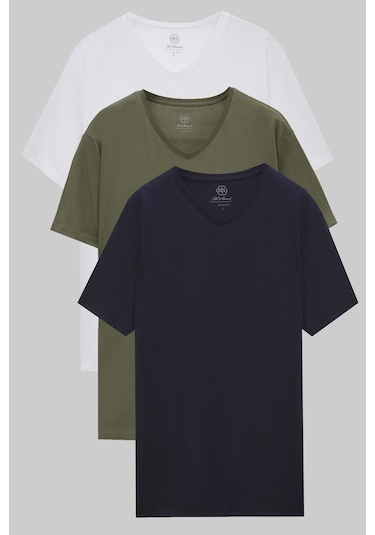 Ds Damat Slim Fit Beyaz/haki/lacivert 3'lü Set V Yaka T-shirt 4hc14ortbn55m Beyaz/haki/lacivert