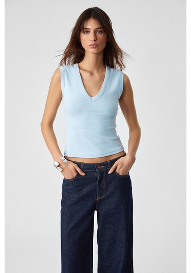 GRIMELANGE Lescosa Kadın Slim V Yaka Kolsuz Mavi T-shirt Mavi