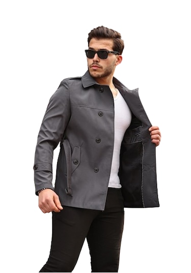 Mero Life Erkek Gri Mevsimlik Astarlı Kemerli Kruvaze Trençkot Gri