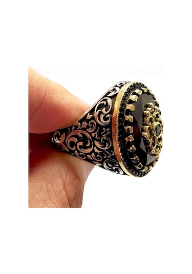 Vog Siyah Zirkon Taşlı Sarmaşık Desenli 925 Ayar Gümüş Erkek Yüzük