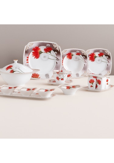 Güral Porselen Prestije Bone Kare Yemek Takımı Kırmızı