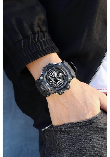 Erkekler Saatler Spor Açık Hava Su Geçirmez Askeri Saat Erkekler İçin Büyük Çift Time Bölgesi Tarih Çok İşlev Sıradan İş Bileklik Taktikleri Alarm Alarm Kronç 8078-black Siyah