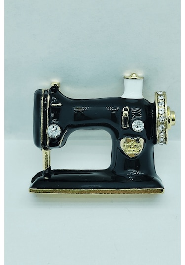 Vintage Dikiş Makinesi Figürlü Siyah Tasarım Broş Siyah