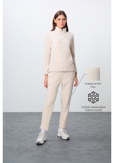Tommy Life Bej Kalın Yumuşak Dokulu Dik Yaka Oversize Nakışlı Polar Kadın Eşofman Takım -95339 Bej