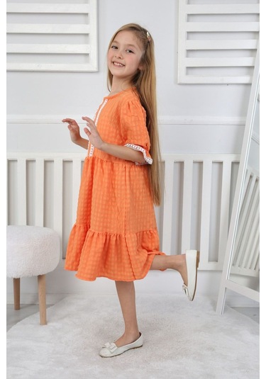 Gofre Kumaş Kız Çocuk Elbise Ekru - Pembe