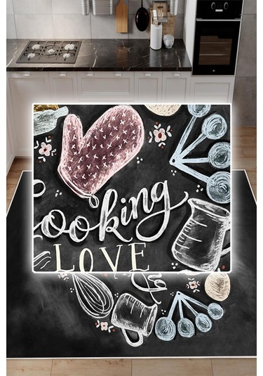Dijital Baskılı Dekoratif Kaymaz Taban Yıkanabilir Cooking Love Halı Mutfak Halısı Yolluk Salon Halısı