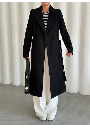 Siyah Kuşaklı İçi Astarlı Kaşe Kaban Siyah