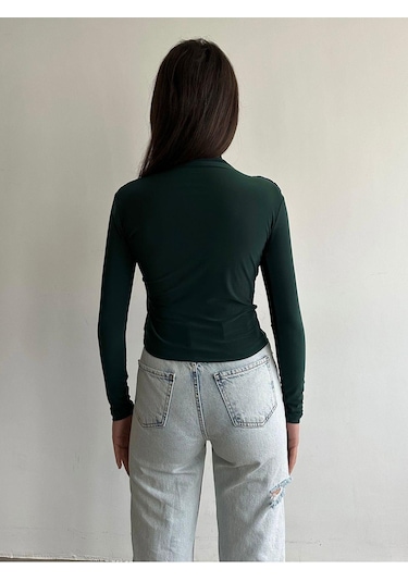 Kadın Büzgü Detaylı Dik Yaka Sandy Bluz Zümrüt