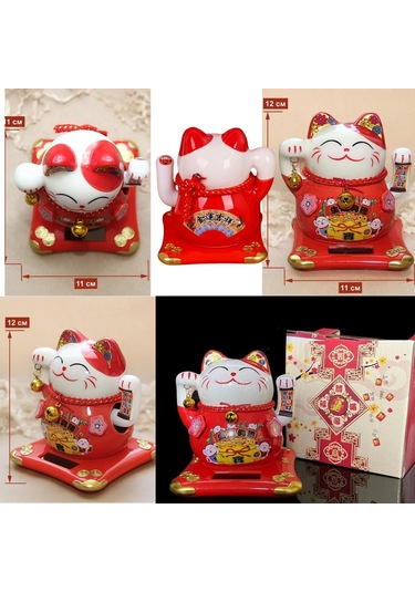 Seramik Maneki Neko Kırmızı Güneş Enerjili Şans Kedisi 12cm No.1