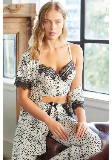 Anıl 4786 Puantiyeli Dantelli Sabahlık Balenli Destekli Dolgulu Askıları Çıkabilen Büstiyer Sütyen Ve Pantolon Pijama 3'lü Takım-ekru Ekru