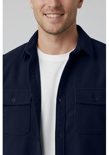 Deepsea Lacivert Cepli Likralı Kadife Kumaş Rahat Kesim Erkek Gömlek Yumuşak Dokulu, Şık Tasarım Gömlek 2600759 Lacivert