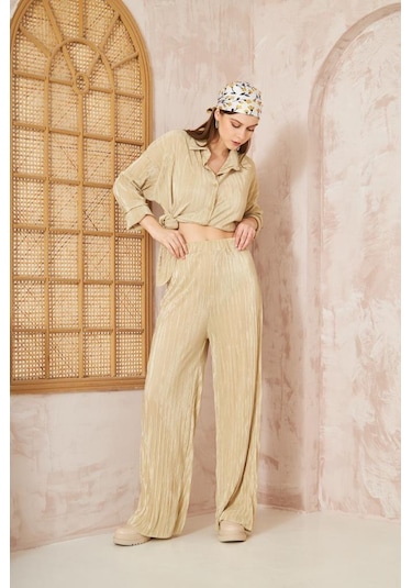 Kadın Pliseli Beli Lastikli Pantolon Tunik Gömlek Ikili Bürümcük Salaş Takım 3573300 Sarı