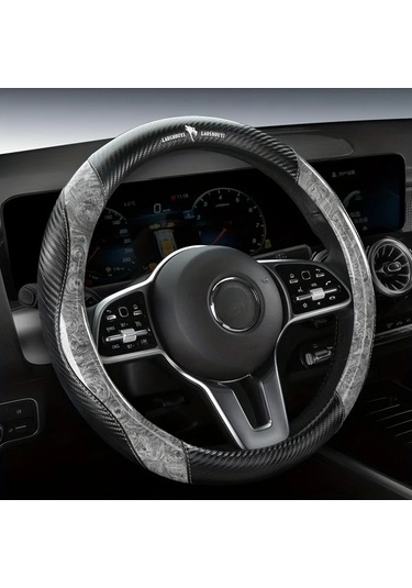 Chuangyinshop Gray Deri Direksiyon Kılıfı - Ahşap Desen Karbon Fiber Mikrofiber 14 1/2-15 İnç Konforlu Kaymaz Gri