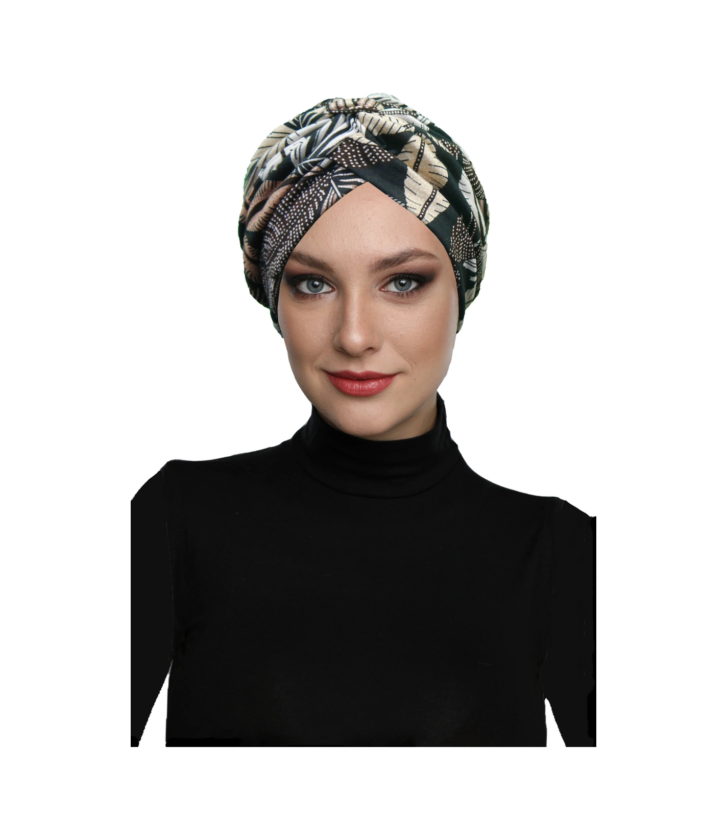 Sonbahar Esintisi Desenli Çapraz Ve Bant Detaylı Astarlı Hazır Türban Tesettür Havuz Bonesi Siyah-bej