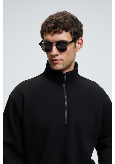BAXTER Erkek Dik Yakalı Fermuarlı Relaxed Siyah Sweatshirt