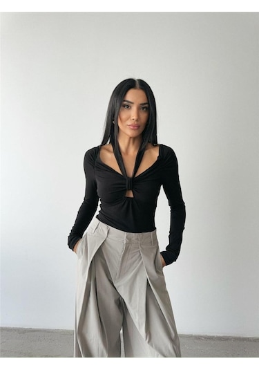 Gülsüm Aydın Sandy Bodysuit Önden Bağlama Detaylı - Siyah Siyah