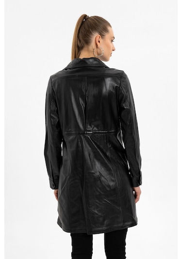 Siyah Hena Fermuarlı Geniş Kesim Uzun Kadın Hakiki Deri Kaban-siyah Siyah