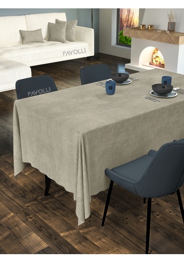 Kadife Dokulu Keten Renk Masa Örtüsü Kum Bejı