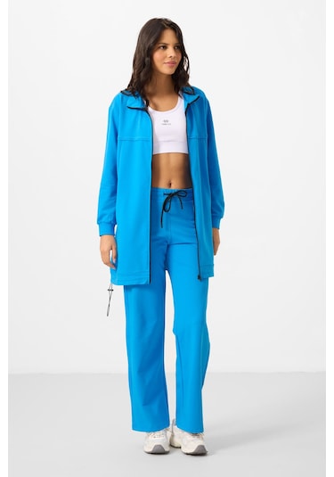 Mavi Dik Yaka Fermuarlı Pamuklu Kadın Eşofman Tunik Takım - 95346 Mavi