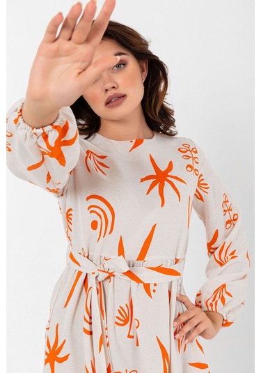 Desenli Yazlık Baharlık Keten Elbise 2103 Turuncu