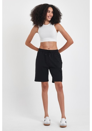 2'li Kadın Rahat Kesim Beli Lastikli Mevsimlik Yumuşak Kumaş Cepli Siyah-gri Uzun Bermuda Şort Siyah - Gri