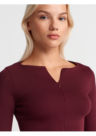 Dilvin 31993 Fermuar Detaylı Uzun Kollu Top-bordo Bordo