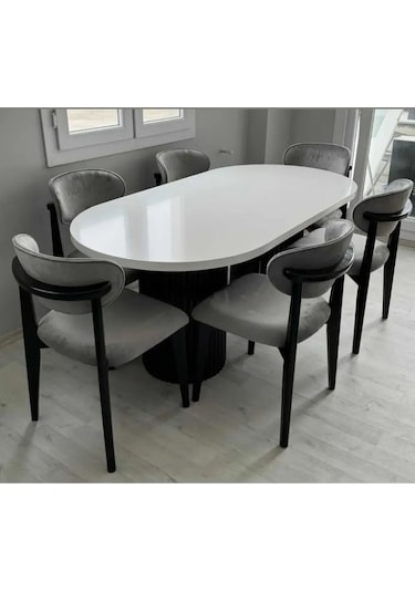 Vals Modern Siyah Ayak Oval Yemek Masası Ve Sandalye Takımı Krem