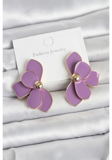 Mey İthalat Mor Mineli Lotus Model Pirinç Kadın Küpe