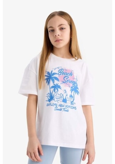 DeFacto Kız Çocuk 2'li Takım Baskılı Kısa Kollu Tişört Biker Tayt E5694A825HSBE523 Mavi