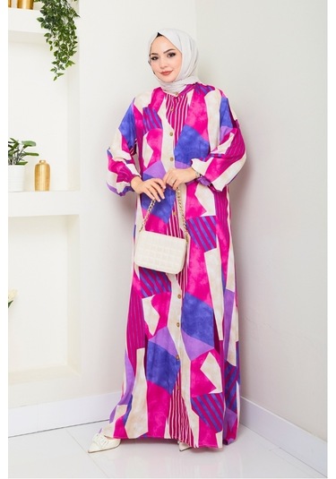 Milaz Boydan Düğmeli Dokuma Viskon Elbise 1501 - Fuşya Fuşya