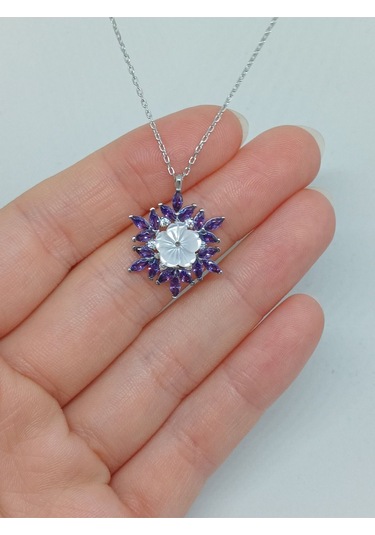 925 Ayar Gümüş Mor Taşlı Lotus Çiçeği Kolye Zarif Tasarım Gümüş