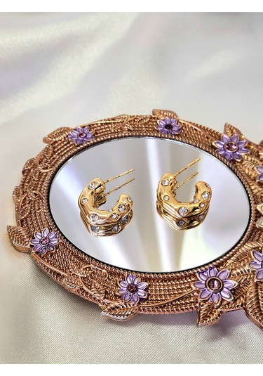 Yarım Halka Zirkon Taşlı Altın Kaplama Gold Renk Çelik Küpe