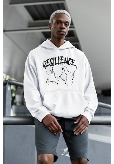 Sevbano Resilience Baskılı Unisex Oversize Tasarım Hoodie Beyaz