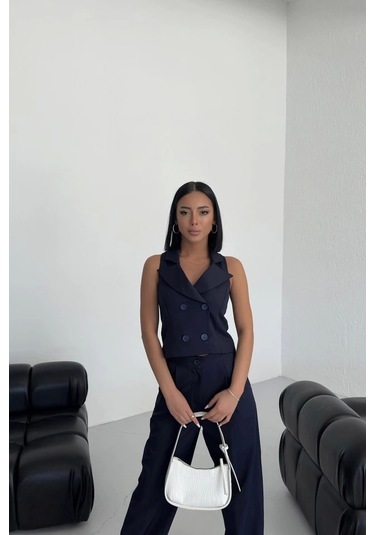 Şal Yaka Düğmeli Yelek Lacivert