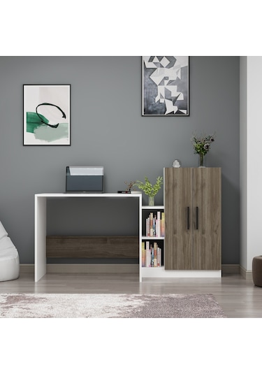 Dekorosso Dekorosso Stic Dolaplı Çalışma Masası Beyaz-Ceviz Beyaz  -  Ceviz