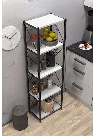 Morpanya Arfelix Metal Tekli Mutfak Rafı Malzeme Dolabı 5 Raflı Mikrodalga Fırın Rafı Çok Amaçlı Beyaz