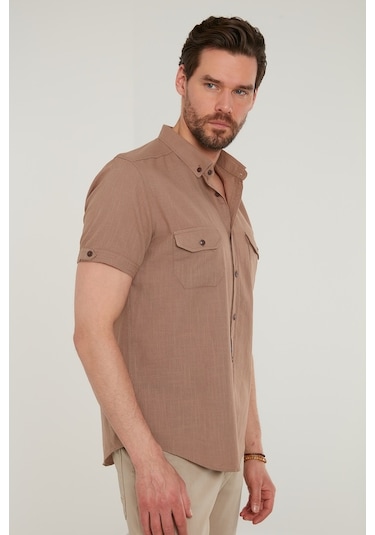 Buratti Düğmeli Yaka Pamuklu Slim Fit Cepli Erkek Gömlek Cf21S111153 Toprak
