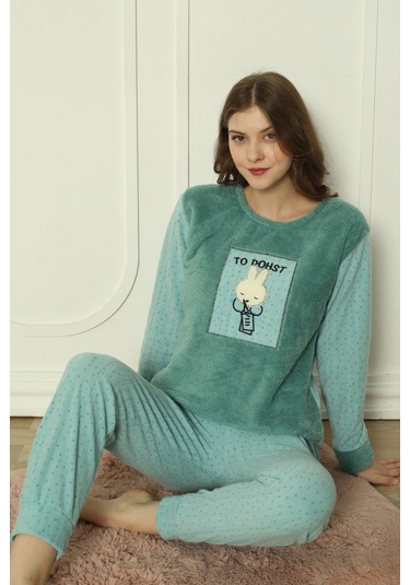 Fawn 3300 Peluş Welsoft Polar Kışlık Sevimli Tavşanlı Kadın Pijama Takımı Yeşil