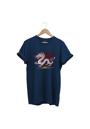 Mitolojik Asya Çin Ejderha Baskılı %100 Pamuk Regular Fit Bisiklet Yaka Lacivert T-shirt Lacivert