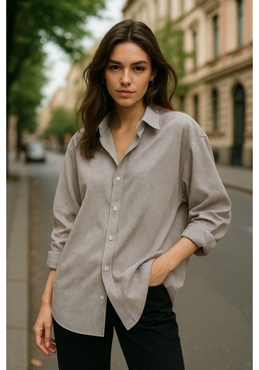 Kadın Bordo Çizgili Beyaz Oversize Gömlek Over Fit Relaxed Gömlek Çok Renkli