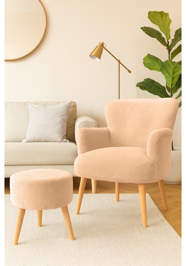 Roma Berjer + Puf Set - Welsoft Yumuşak Kumaş - Ahşap Ayak - Vizon Vizon