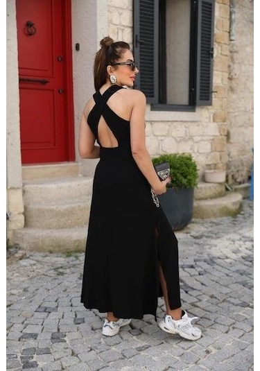 Kadın Arkadan Çapraz Detay Yuvarlak Yaka Maksi Viskon Elbise Siyah