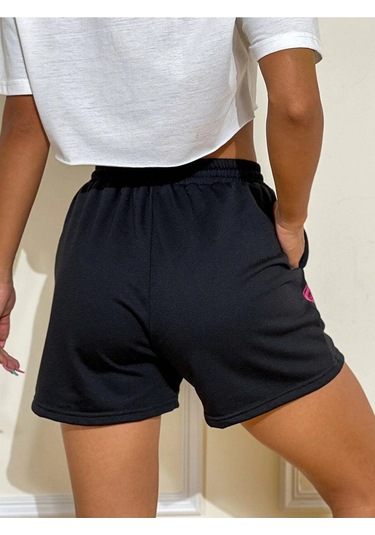 Ejder Kısa Şort Siyah Penye Baskılı Kordonlu Siyah